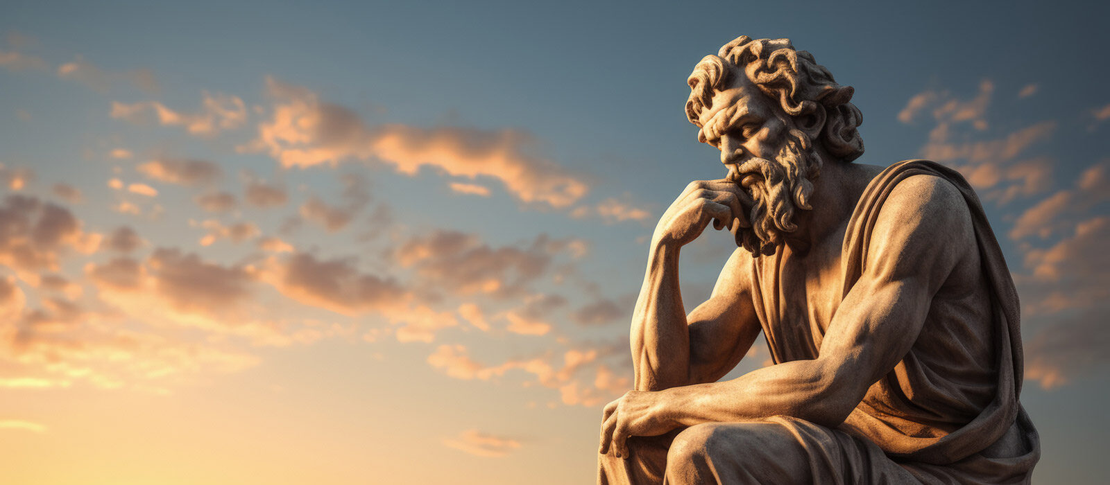 Escultura de filósofo estoico reflexionando al atardecer, símbolo de sabiduría y autoconocimiento.